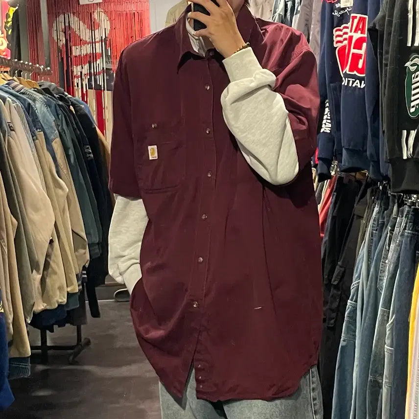 [BUNJANG] Carhartt Burgundy Short Sleeve Shirt / [IM] carhartt 칼하트 버건디 반팔셔츠