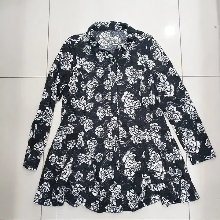 [BUNJANG] Floral Print Sheer Long Jacket / 시스루 남방형 얇은 단추여밈 롱원피스형 자켓 중고 플라워프린트 꽃무늬비침