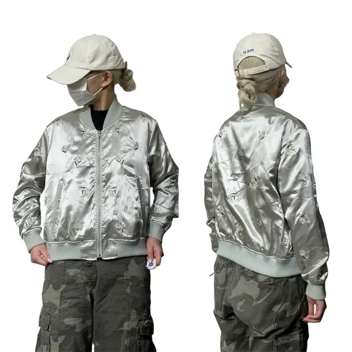 [BUNJANG] Japanese Vintage Shiny Silver Sukajan Cropped Jacket with Floral Embroidery / 일본 빈티지 유광 실버 스카잔 꽃 자수 크롭 자켓