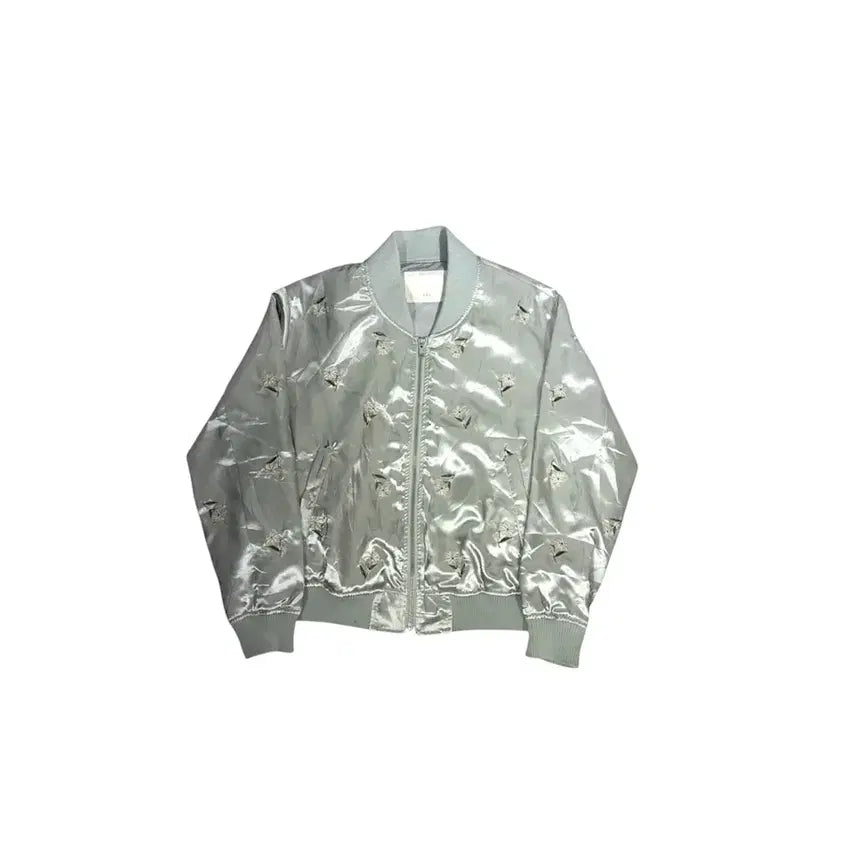 [BUNJANG] Japanese Vintage Shiny Silver Sukajan Cropped Jacket with Floral Embroidery / 일본 빈티지 유광 실버 스카잔 꽃 자수 크롭 자켓