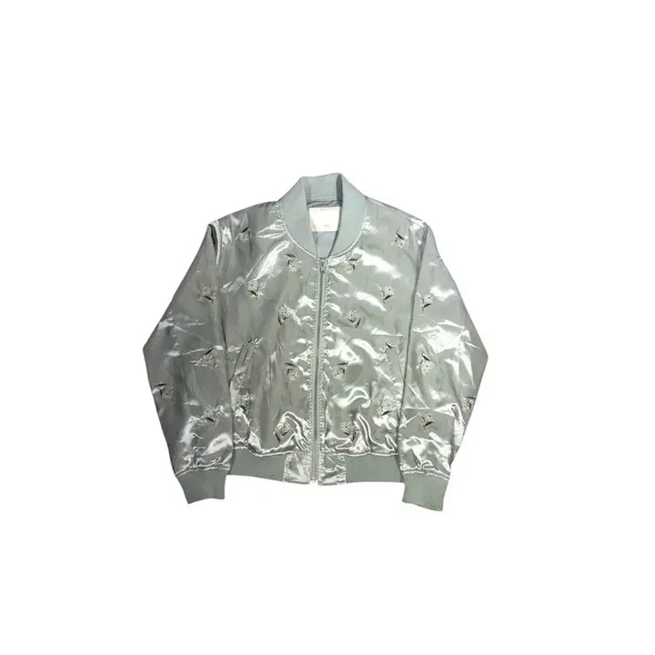 [BUNJANG] Japanese Vintage Shiny Silver Sukajan Cropped Jacket with Floral Embroidery / 일본 빈티지 유광 실버 스카잔 꽃 자수 크롭 자켓