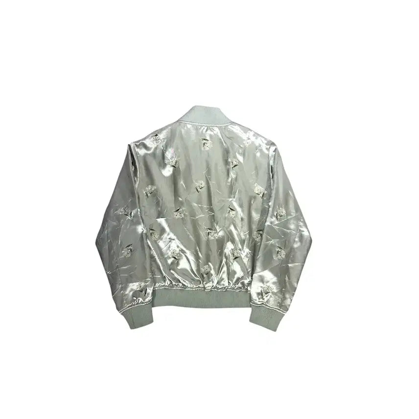 [BUNJANG] Japanese Vintage Shiny Silver Sukajan Cropped Jacket with Floral Embroidery / 일본 빈티지 유광 실버 스카잔 꽃 자수 크롭 자켓