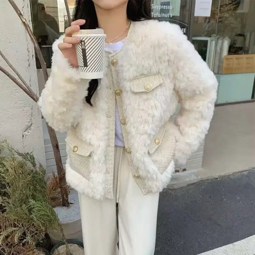 [BUNJANG] Ivory Faux Fur Tweed Jacket / 아이보리 퍼 트위드 자켓
