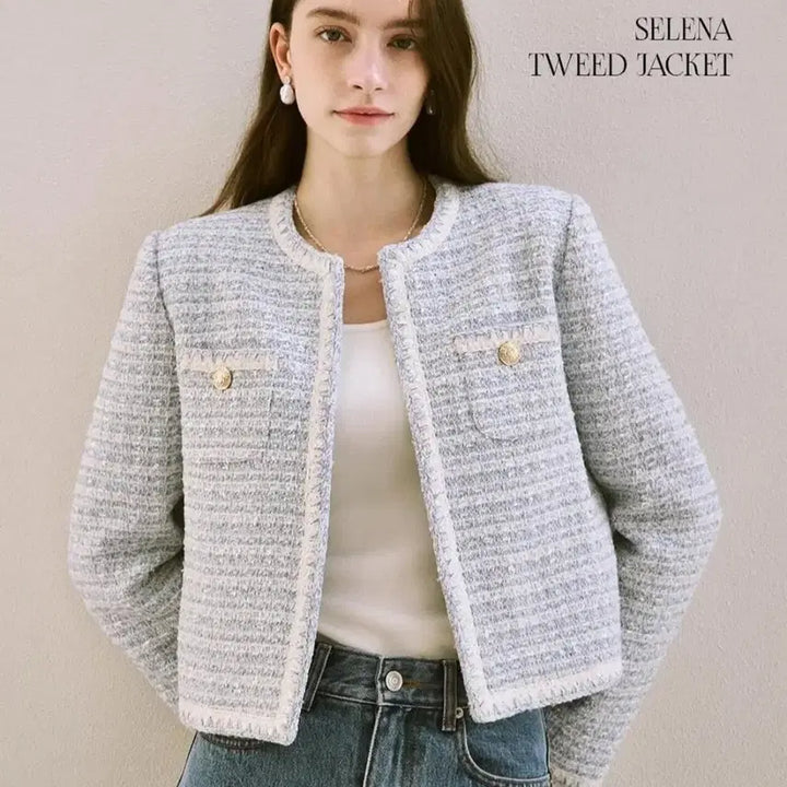[BUNJANG] Chix Label Selena Tweed Jacket (Sky Blue) - S / 칙스라벨 셀레나 트위드 자켓(스카이블루)S