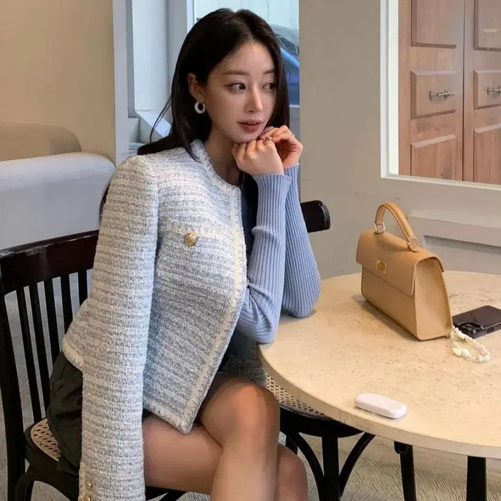 [BUNJANG] Chix Label Selena Tweed Jacket (Sky Blue) - S / 칙스라벨 셀레나 트위드 자켓(스카이블루)S