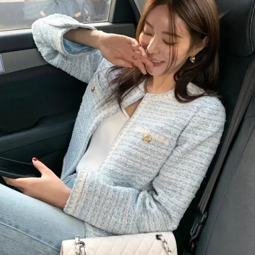 [BUNJANG] Chix Label Selena Tweed Jacket (Sky Blue) - S / 칙스라벨 셀레나 트위드 자켓(스카이블루)S