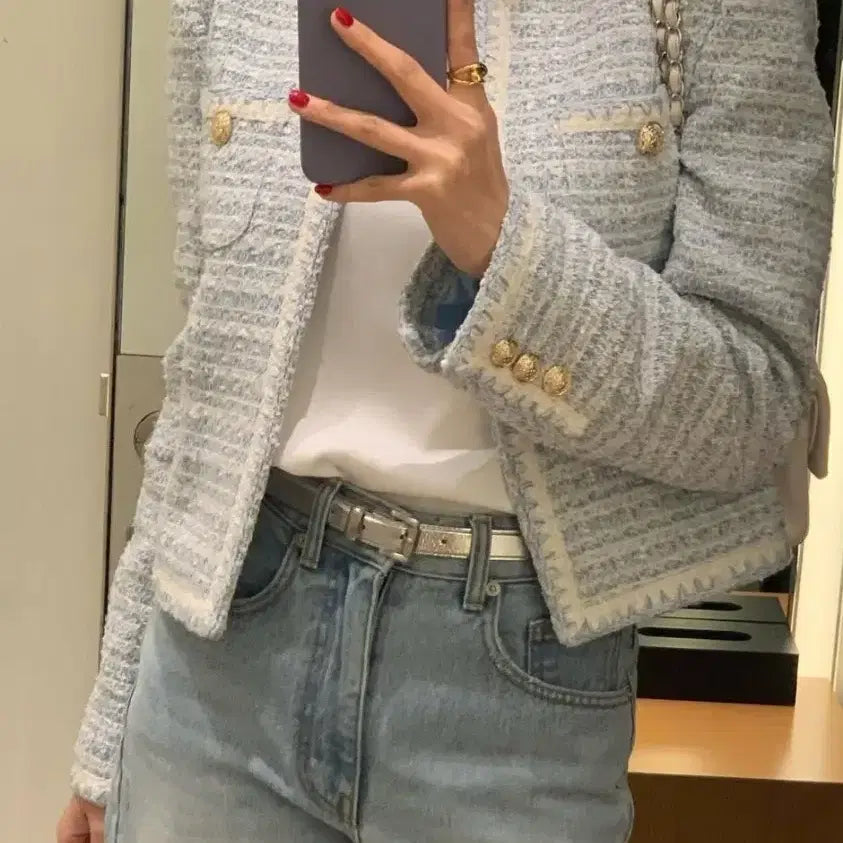[BUNJANG] Chix Label Selena Tweed Jacket (Sky Blue) - S / 칙스라벨 셀레나 트위드 자켓(스카이블루)S
