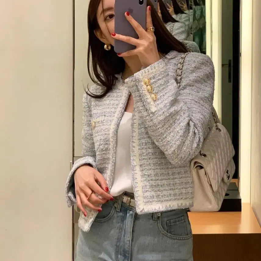 [BUNJANG] Chix Label Selena Tweed Jacket (Sky Blue) - S / 칙스라벨 셀레나 트위드 자켓(스카이블루)S