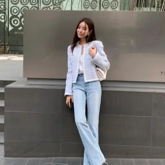 [BUNJANG] Chix Label Selena Tweed Jacket (Sky Blue) - S / 칙스라벨 셀레나 트위드 자켓(스카이블루)S