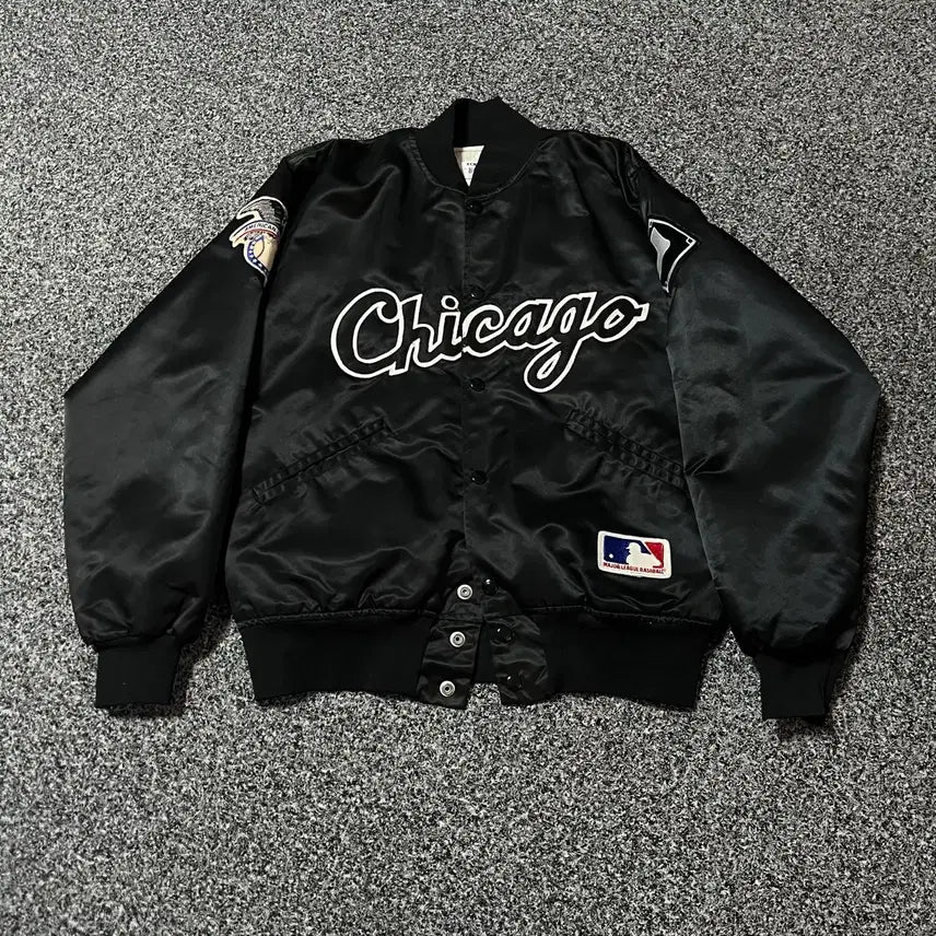 [BUNJANG] Vintage USA Chicago Black Satin Baseball Jacket / 빈티지 USA시카고 블랙 새틴 야구 점퍼