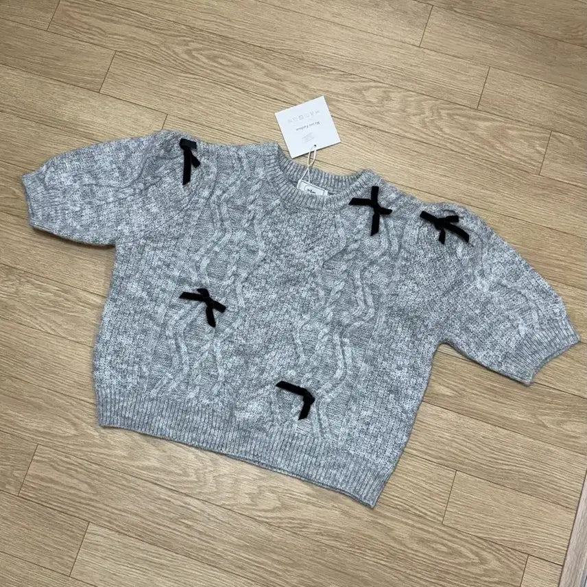[BUNJANG] Ribbon Gray Knit Top / [새상품] 리본 반팔 꽈배기 니트