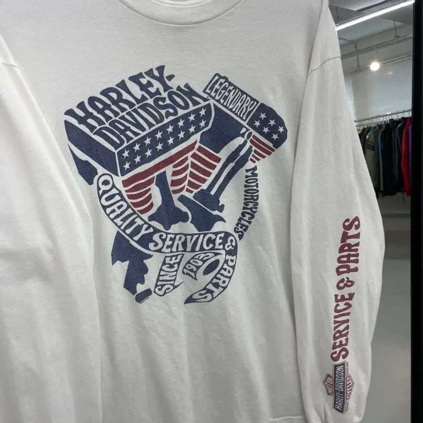 [BUNJANG] Harley Davidson US Flag Long Sleeve T-shirt / 할리데이비슨 미국 성조기 롱슬리브 화이트 긴팔 티셔츠