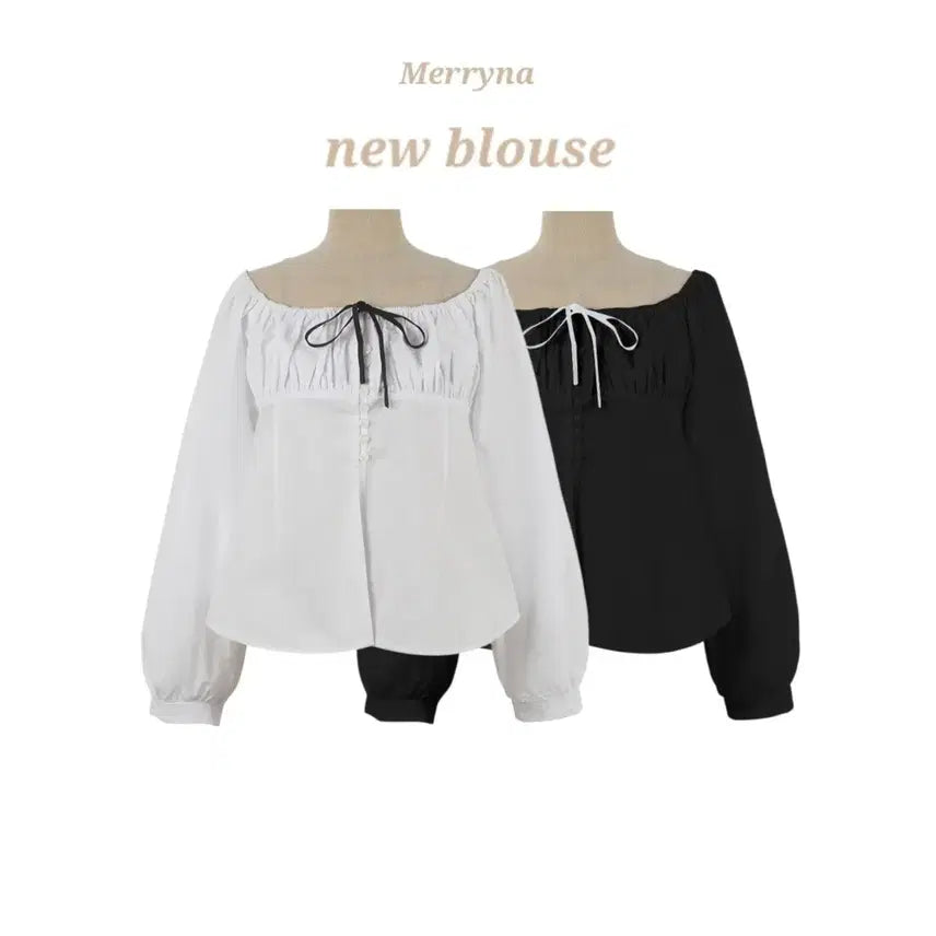 [SOLD OUT] (빠른배송/국내제작/여성스러움) 리본 셔링 콩단추 오프숄더 블라우스 2c