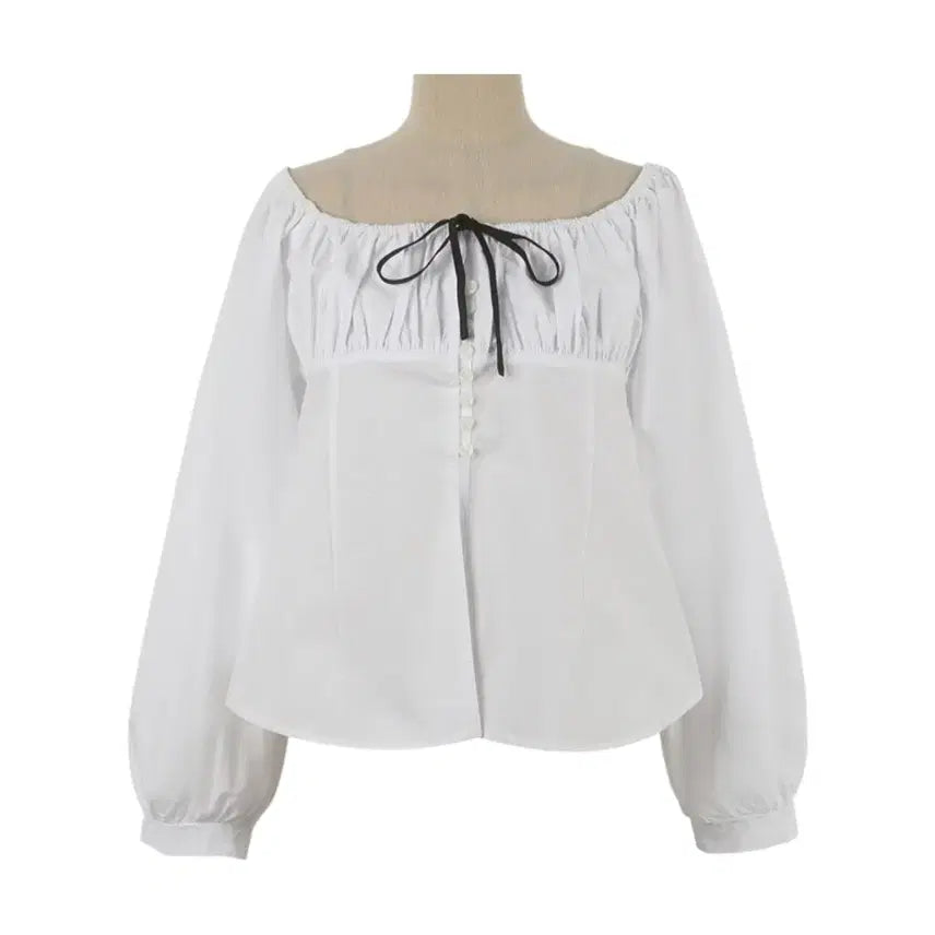 [SOLD OUT] (빠른배송/국내제작/여성스러움) 리본 셔링 콩단추 오프숄더 블라우스 2c