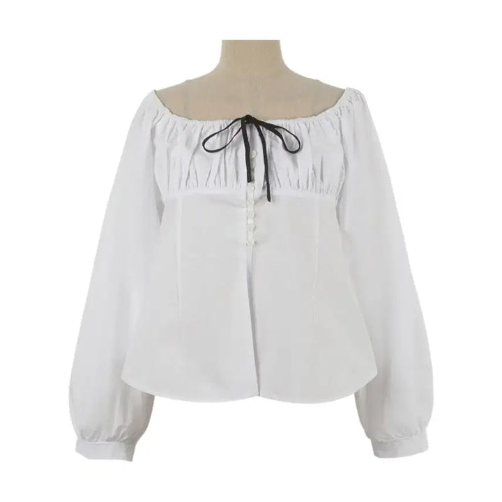 [SOLD OUT] (빠른배송/국내제작/여성스러움) 리본 셔링 콩단추 오프숄더 블라우스 2c
