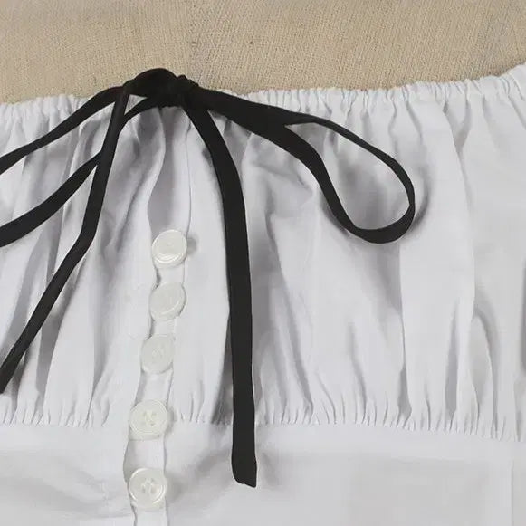 [SOLD OUT] (빠른배송/국내제작/여성스러움) 리본 셔링 콩단추 오프숄더 블라우스 2c