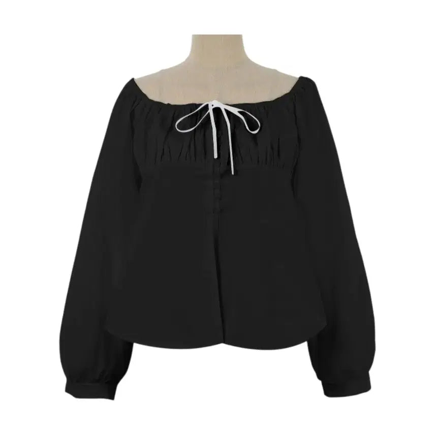 [SOLD OUT] (빠른배송/국내제작/여성스러움) 리본 셔링 콩단추 오프숄더 블라우스 2c