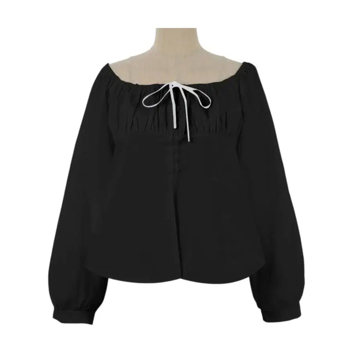 [SOLD OUT] (빠른배송/국내제작/여성스러움) 리본 셔링 콩단추 오프숄더 블라우스 2c