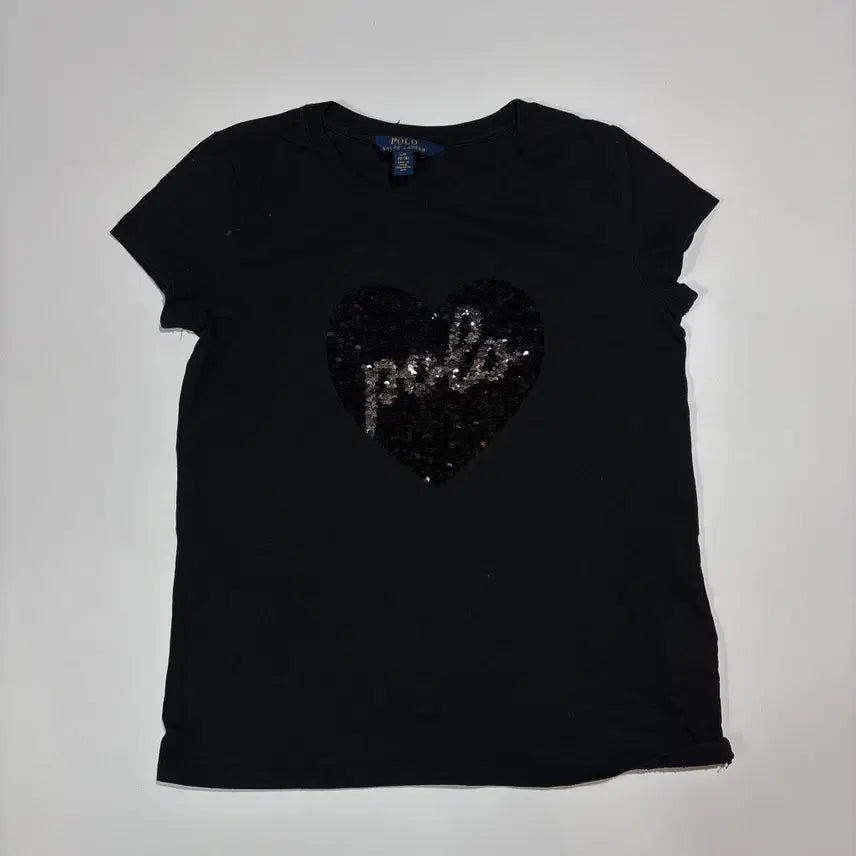 [BUNJANG] Polo Ralph Lauren Heart Sequin Black T-Shirt / 폴로랄프로렌 하트 스팽글 블랙 반팔 티셔츠
