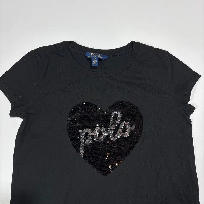 [BUNJANG] Polo Ralph Lauren Heart Sequin Black T-Shirt / 폴로랄프로렌 하트 스팽글 블랙 반팔 티셔츠