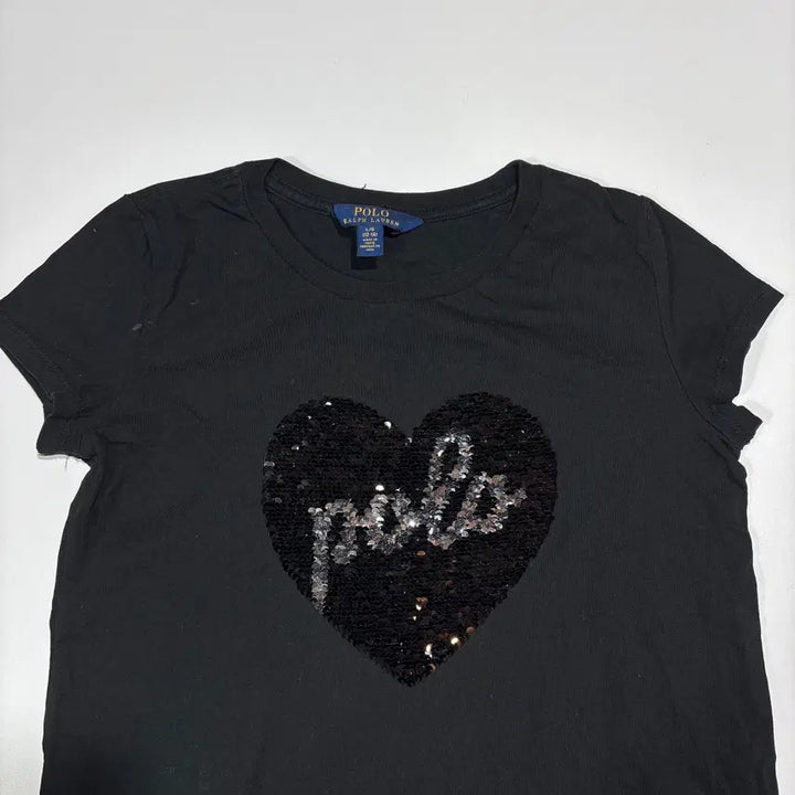 [BUNJANG] Polo Ralph Lauren Heart Sequin Black T-Shirt / 폴로랄프로렌 하트 스팽글 블랙 반팔 티셔츠