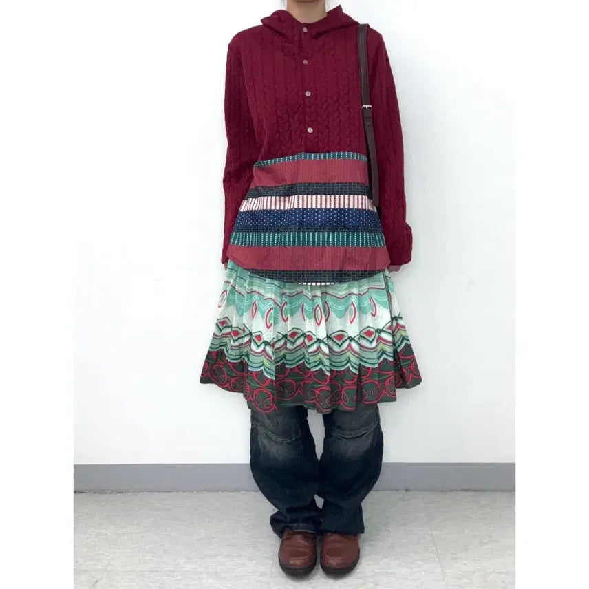 [BUNJANG] Derhy Ethnic Pleated Midi Skirt / 일본빈티지 에스닉 유니크 플리츠 미디 스커트 치마 민트 레드