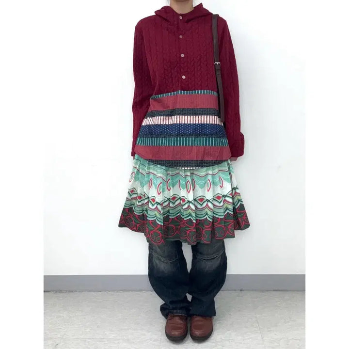 [BUNJANG] Derhy Ethnic Pleated Midi Skirt / 일본빈티지 에스닉 유니크 플리츠 미디 스커트 치마 민트 레드
