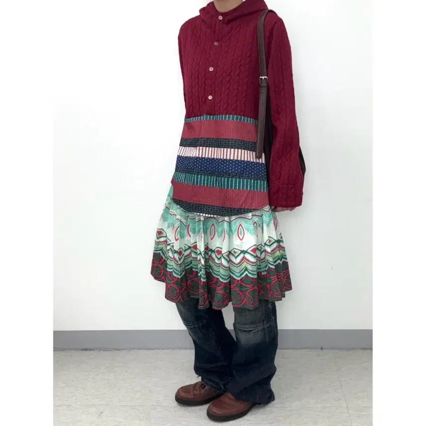 [BUNJANG] Derhy Ethnic Pleated Midi Skirt / 일본빈티지 에스닉 유니크 플리츠 미디 스커트 치마 민트 레드