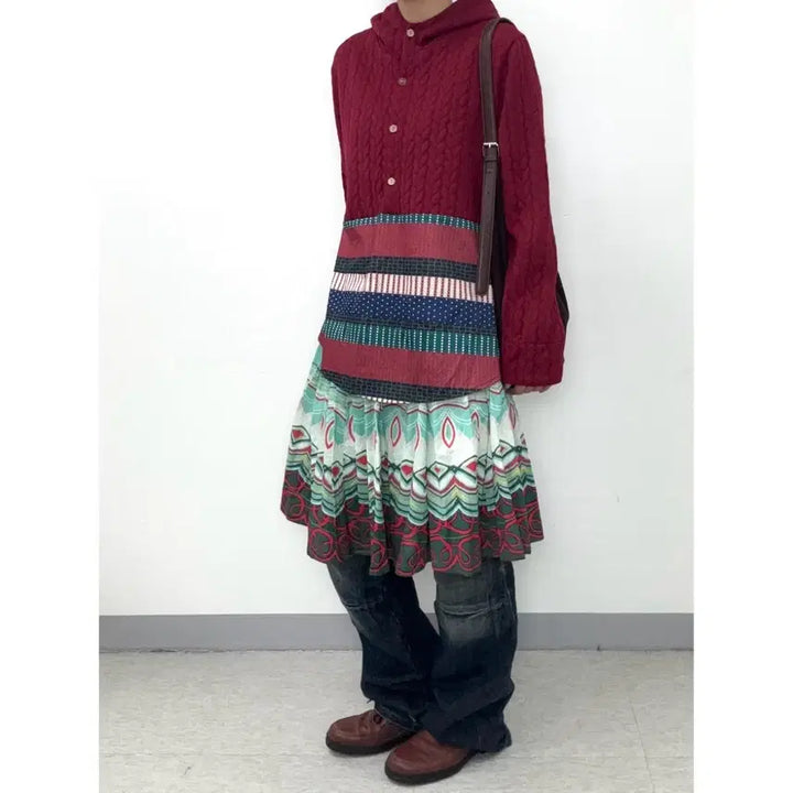 [BUNJANG] Derhy Ethnic Pleated Midi Skirt / 일본빈티지 에스닉 유니크 플리츠 미디 스커트 치마 민트 레드