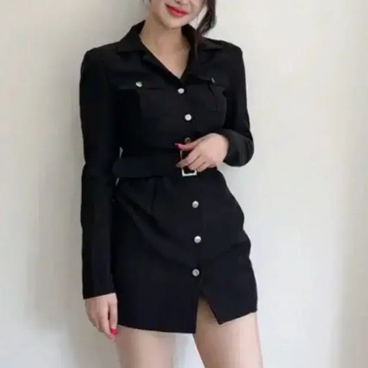 [BUNJANG] Black Belted Shirt Mini Dress / 새상품 섹시 오피스룩 블랙 벨트 셔츠 미니 원피스