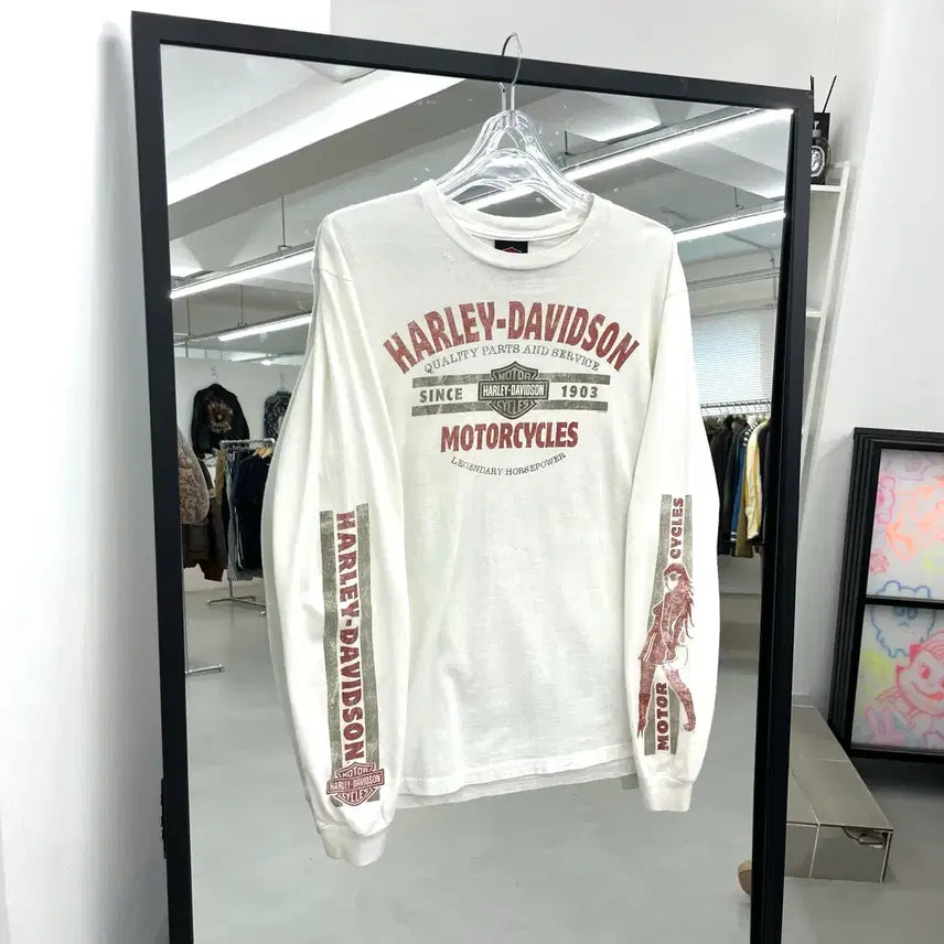 [BUNJANG] Harley Davidson Motorcycle Graphic Vintage Long Sleeve T-shirt / 할리데이비슨 모터싸이클 그래픽 빈티지 롱슬리브 긴팔 티셔츠 화이트