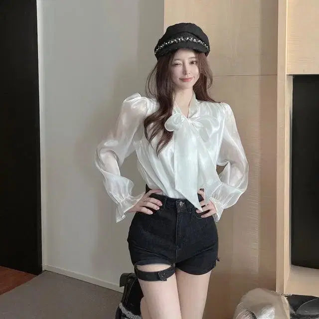 [BUNJANG] Elegant Ribbon Tie See-Through Blouse / [4컬러/*빠른배송*] 엘레강스 리본 타이 실키 시스루 블라우스