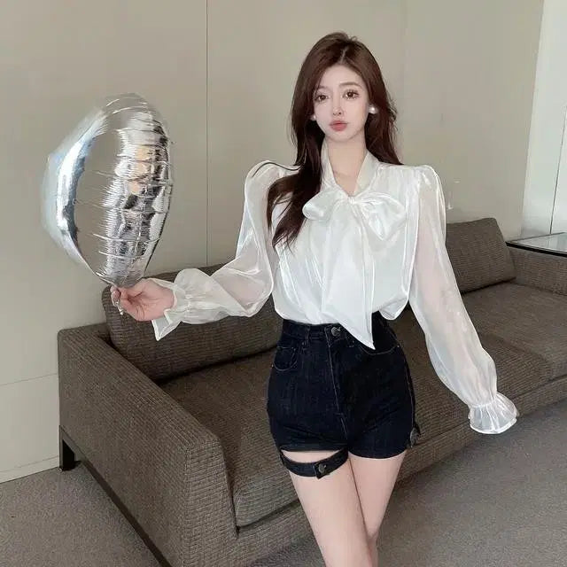 [BUNJANG] Elegant Ribbon Tie See-through Blouse / [4컬러/*빠른배송*] 엘레강스 리본 타이 시스루 블라우스