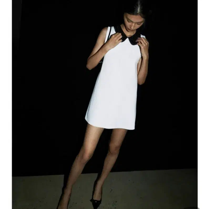 [BUNJANG] Zara White Sleeveless Dress with Beaded Collar / 자라 화이트 민소매 원피스 비즈 카라