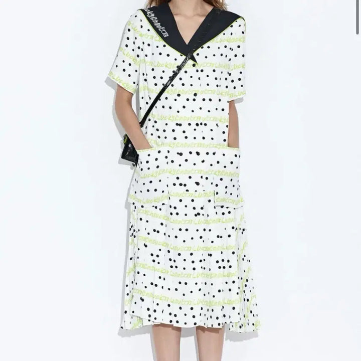 [BUNJANG] Lucky Chouette Sailor Collar Dot Pleated Long Dress / [무료배송] 럭키슈에뜨 세일러 카라 도트 플리츠 롱 원피스