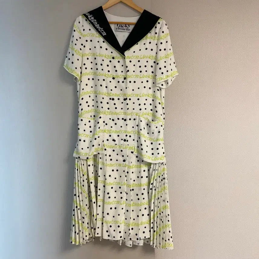 [BUNJANG] Lucky Chouette Sailor Collar Dot Pleated Long Dress / [무료배송] 럭키슈에뜨 세일러 카라 도트 플리츠 롱 원피스