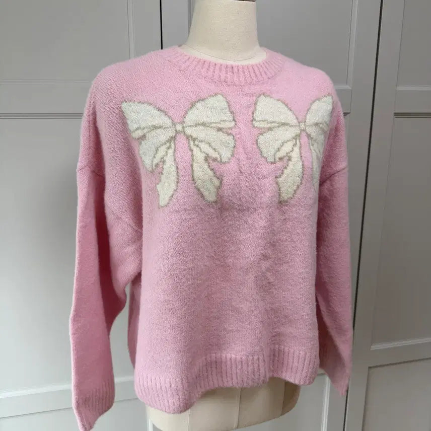[BUNJANG] H&amp;M Fluffy Knit Sweater Light Pink Ribbon M / h&amp;m 플러피 니트 스웨터 라이트 핑크 리본 M