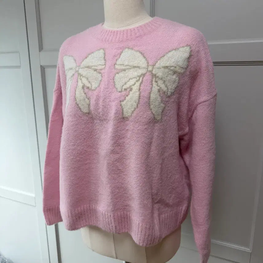 [BUNJANG] H&amp;M Fluffy Knit Sweater Light Pink Ribbon M / h&amp;m 플러피 니트 스웨터 라이트 핑크 리본 M