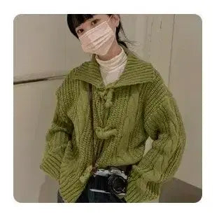 [BUNJANG] Kkwabaegi Green Knit Cardigan / 꽈배기 카라 니트 가디건 초록색
