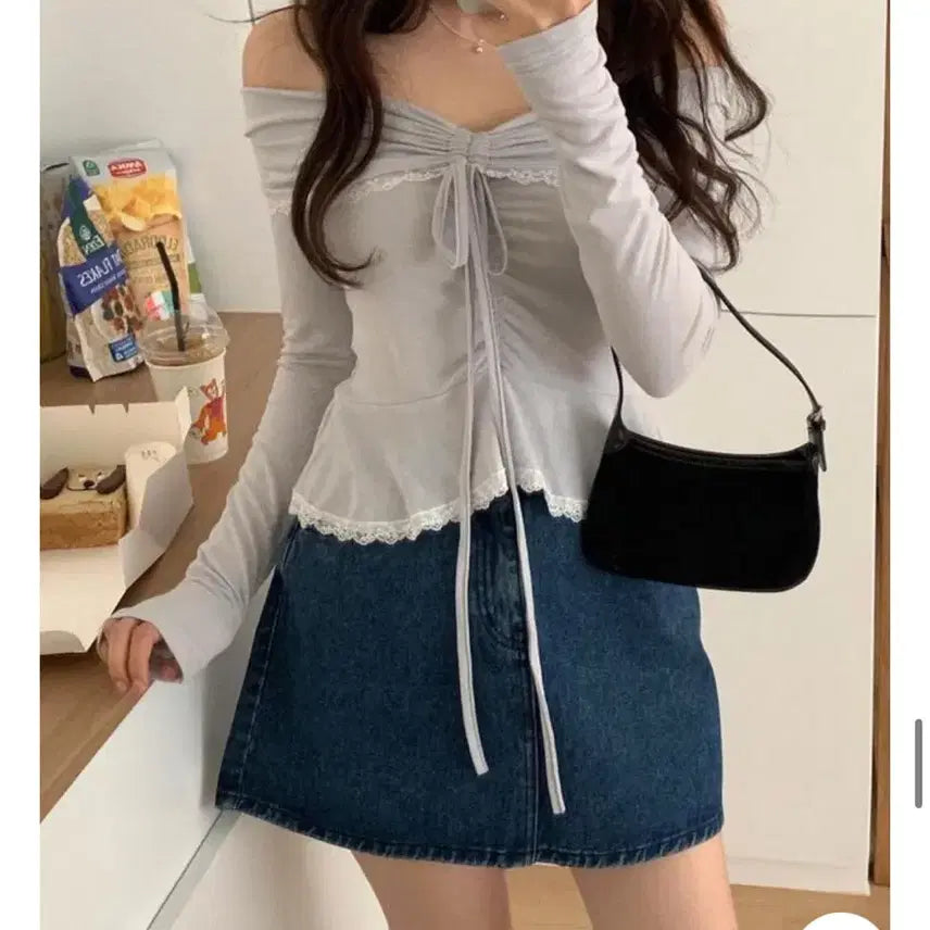 [BUNJANG] Peter &amp; Wendy Rany Off-Shoulder Top &amp; Skirt Set (S) / 피터앤웬디 라니 셔링 오프숄더 티셔츠 연그레이+스커트(s) 셋업 새상품