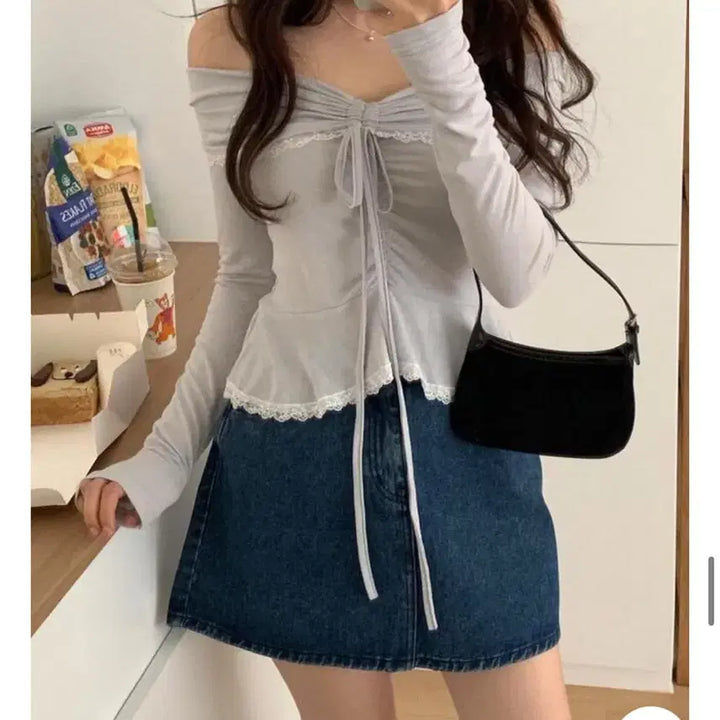 [BUNJANG] Peter &amp; Wendy Rany Off-Shoulder Top &amp; Skirt Set (S) / 피터앤웬디 라니 셔링 오프숄더 티셔츠 연그레이+스커트(s) 셋업 새상품