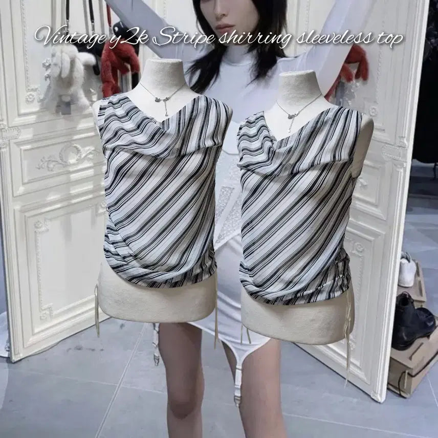 [BUNJANG] Vintage Y2K Stripe Shirring Sleeveless Top / Vintage y2k Stripe shirring sleeveless t
