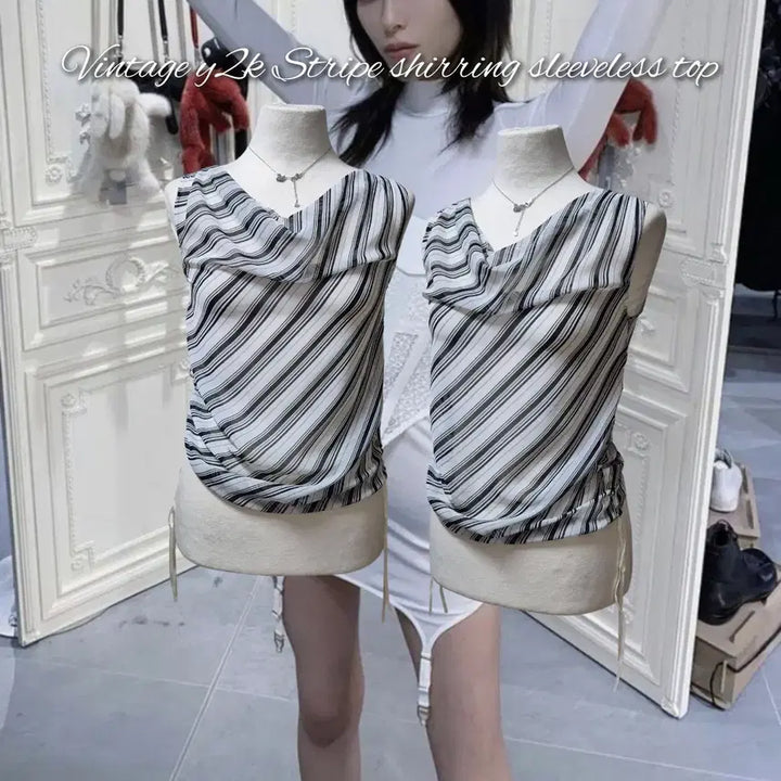[BUNJANG] Vintage Y2K Stripe Shirring Sleeveless Top / Vintage y2k Stripe shirring sleeveless t