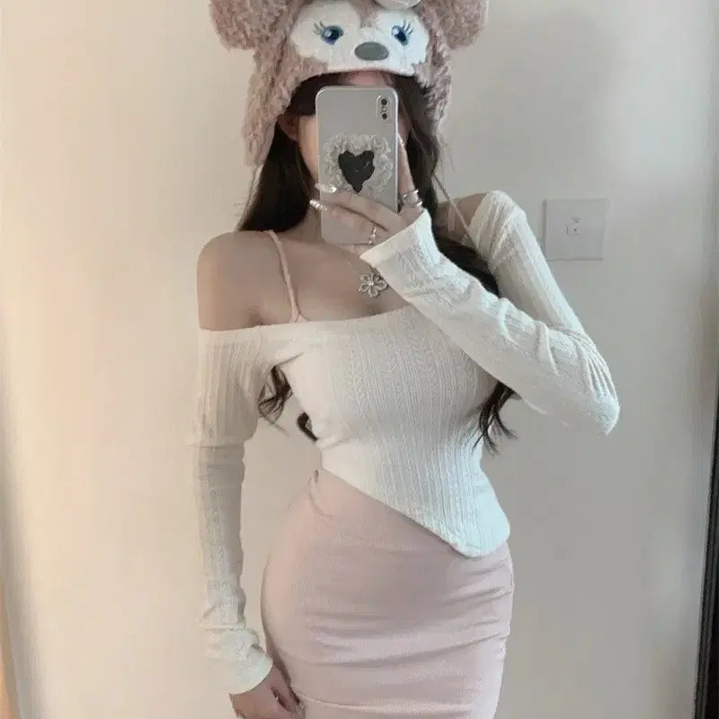 [BUNJANG] Pink Long Dress + Off-shoulder Knit Set / [set/빠른발송] 2pcs 핑크 롱원피스 + 오프숄더 니트 세트