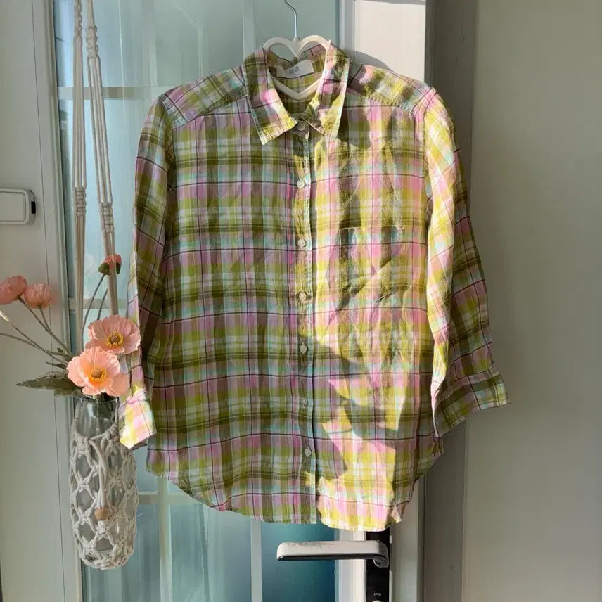 [BUNJANG] Uniqlo Linen 100% Checkered Shirt / 일본 유니클로 핑크 연두 린넨100 체크 셔츠 M