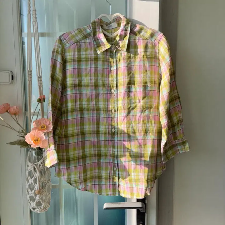 [BUNJANG] Uniqlo Linen 100% Checkered Shirt / 일본 유니클로 핑크 연두 린넨100 체크 셔츠 M