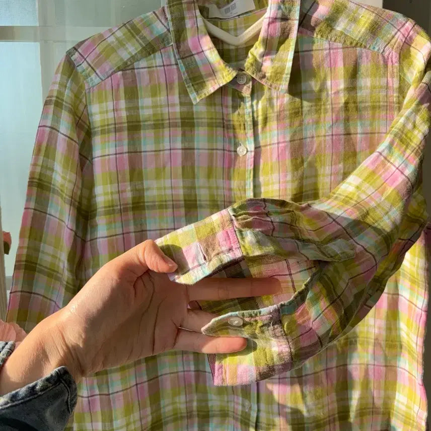 [BUNJANG] Uniqlo Linen 100% Checkered Shirt / 일본 유니클로 핑크 연두 린넨100 체크 셔츠 M
