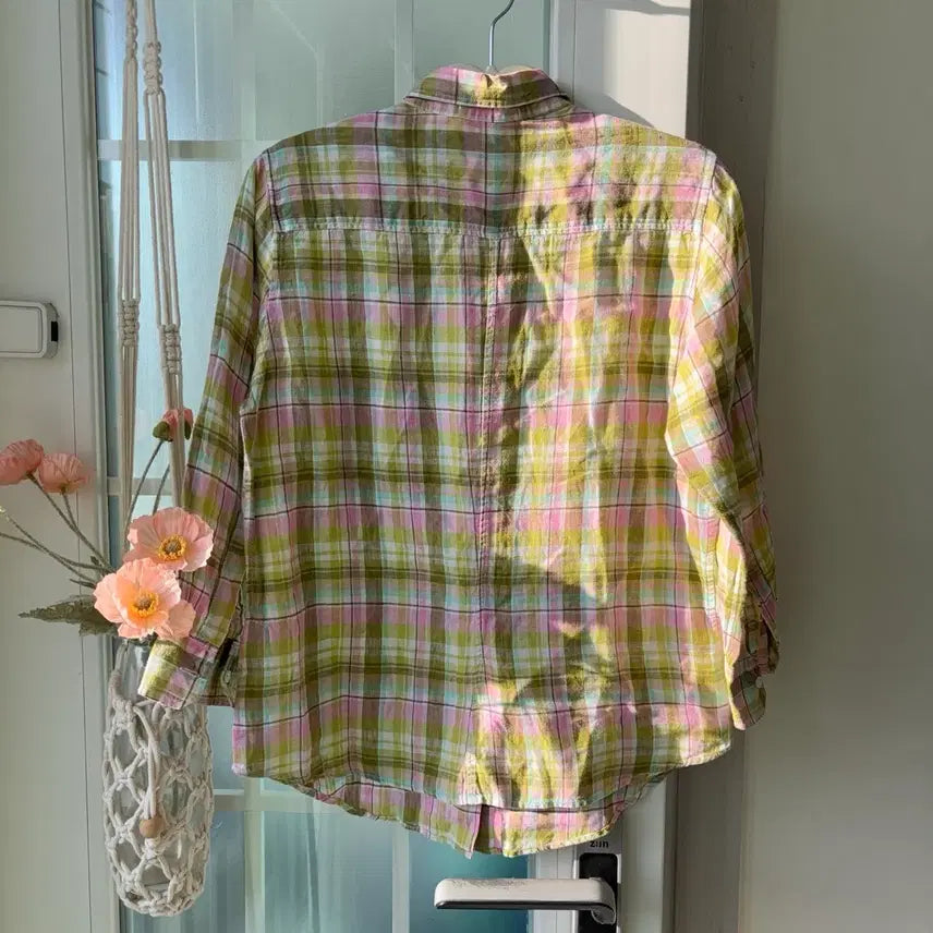 [BUNJANG] Uniqlo Linen 100% Checkered Shirt / 일본 유니클로 핑크 연두 린넨100 체크 셔츠 M