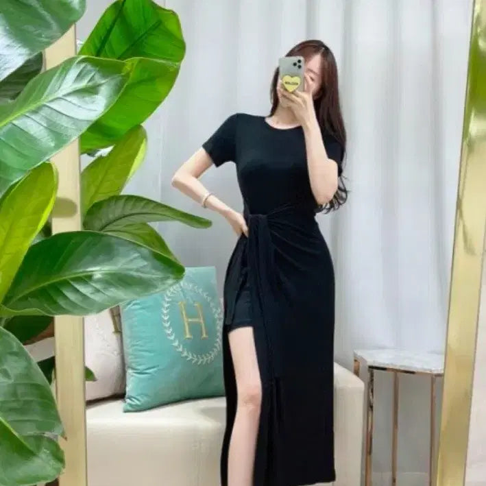 [SOLD OUT] 블랙 롱 원피스 스커트 슬릿 랩 스타일
