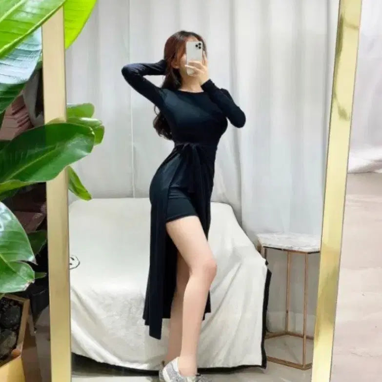 [SOLD OUT] 블랙 롱 원피스 스커트 슬릿 랩 스타일